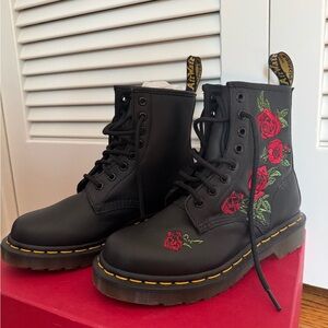 Dr. Martens Black Boots with Red Floral Design